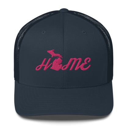 Michigan 'Home' Trucker Hat (Script Font) | Pink Embroidery