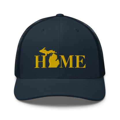 Michigan 'Home' Trucker Hat (Didone Font) | Gold Embroidery