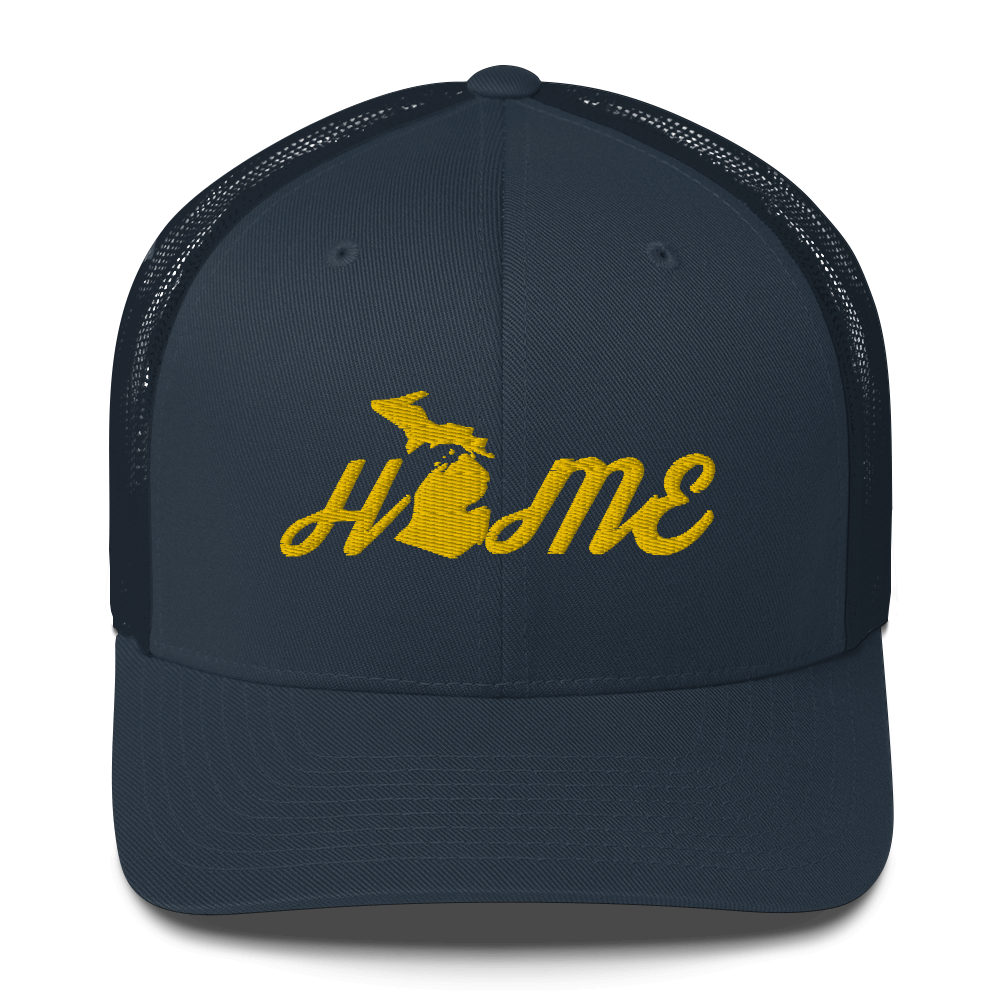 Michigan 'Home' Trucker Hat (Script Font) | Gold Embroidery