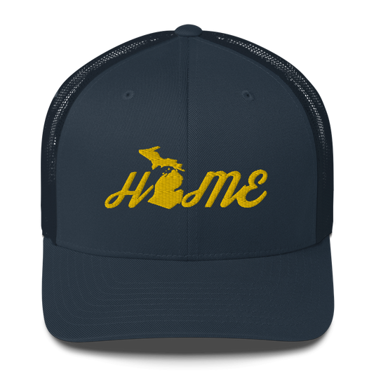 Michigan 'Home' Trucker Hat (Script Font) | Gold Embroidery