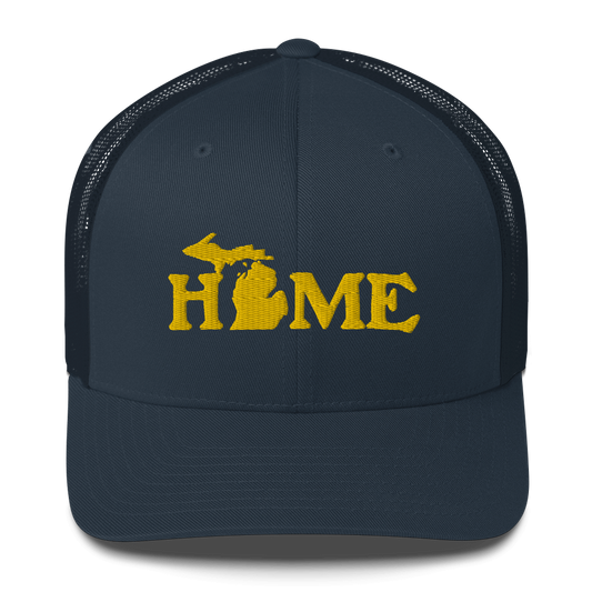 Michigan 'Home' Trucker Hat (Woodcut Font) | Gold Embroidery