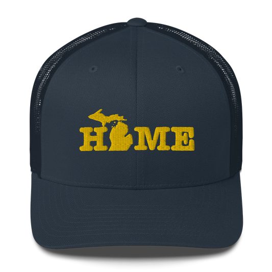 Michigan 'Home' Trucker Hat (Typewriter Font) | Gold Embroidery