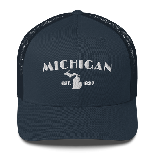 'Michigan EST 1837' Trucker Hat (Theatrical Art Deco Font)