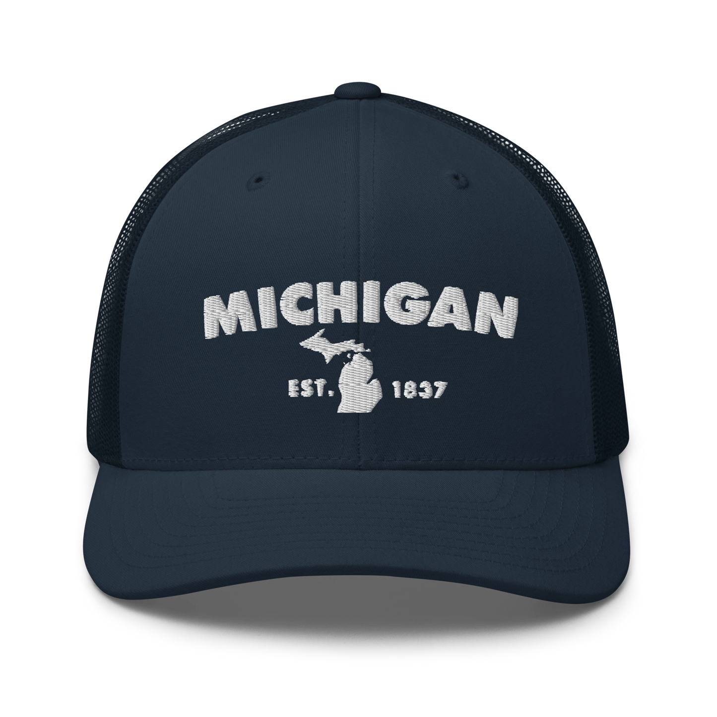 'Michigan EST 1837' Trucker Hat (Geometric Sans Font)