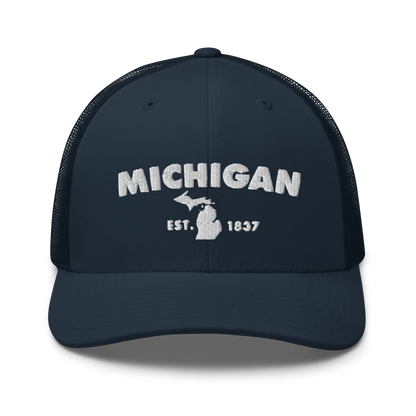 'Michigan EST 1837' Trucker Hat (Geometric Sans Font)