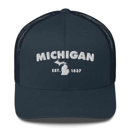 'Michigan EST 1837' Trucker Hat (Geometric Sans Font)