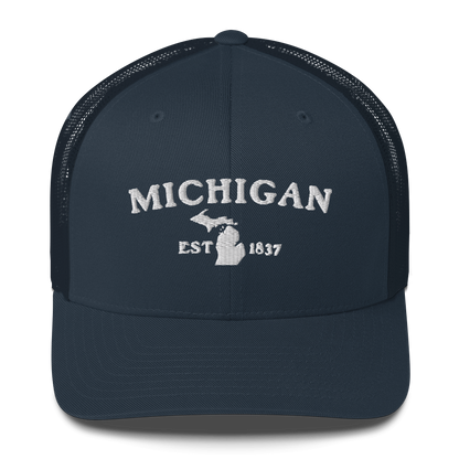 'Michigan EST 1837' Trucker Hat (Woodcut Font)