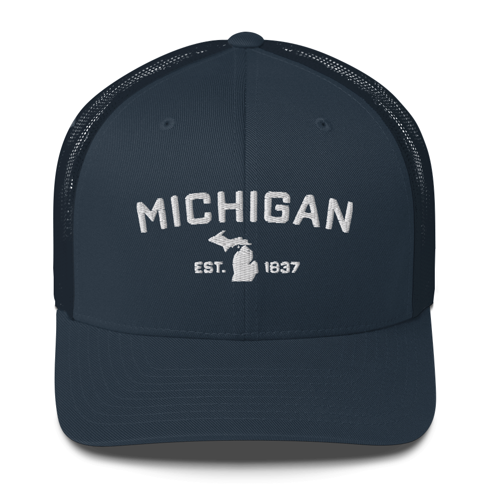 'Michigan EST 1837' Trucker Hat (Athletic Font)