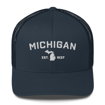 'Michigan EST 1837' Trucker Hat (Athletic Font)