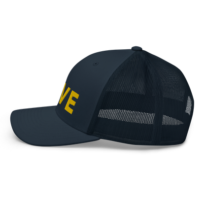 Michigan 'Love' Trucker Hat (Geometric Sans Font) | Gold Embroidery