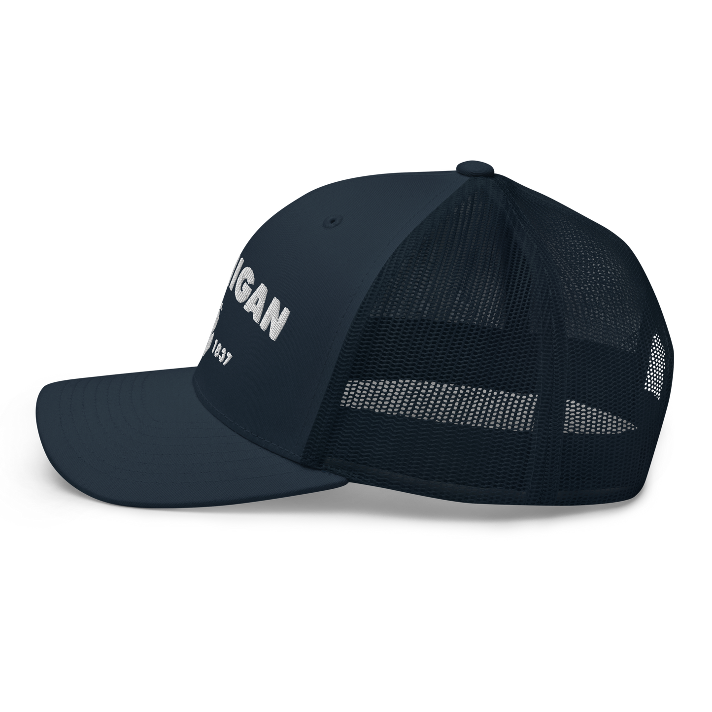 'Michigan EST 1837' Trucker Hat (Geometric Sans Font)