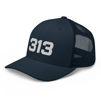 Detroit '313' Trucker Hat | White/Black Embroidery - Circumspice Michigan