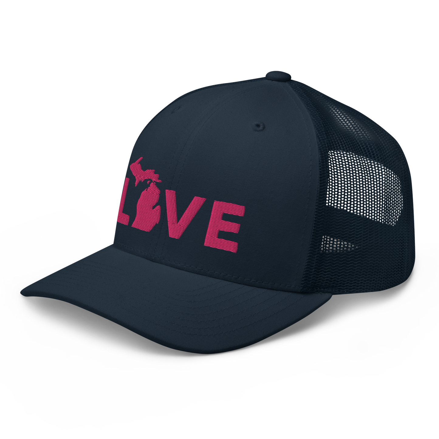 Michigan 'Love' Trucker Hat (Geometric Sans Font) | Pink Embrodiery