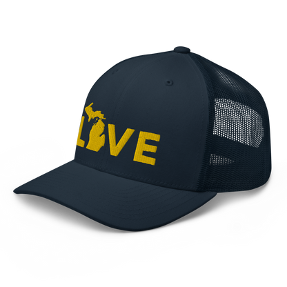 Michigan 'Love' Trucker Hat (Geometric Sans Font) | Gold Embroidery