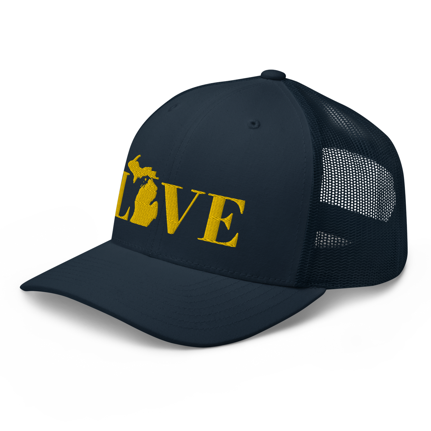 Michigan 'Love' Trucker Hat (Didone Font) | Gold Embroidery