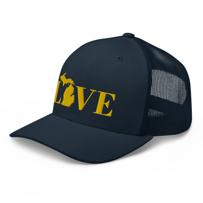 Michigan 'Love' Trucker Hat (Didone Font) | Gold Embroidery