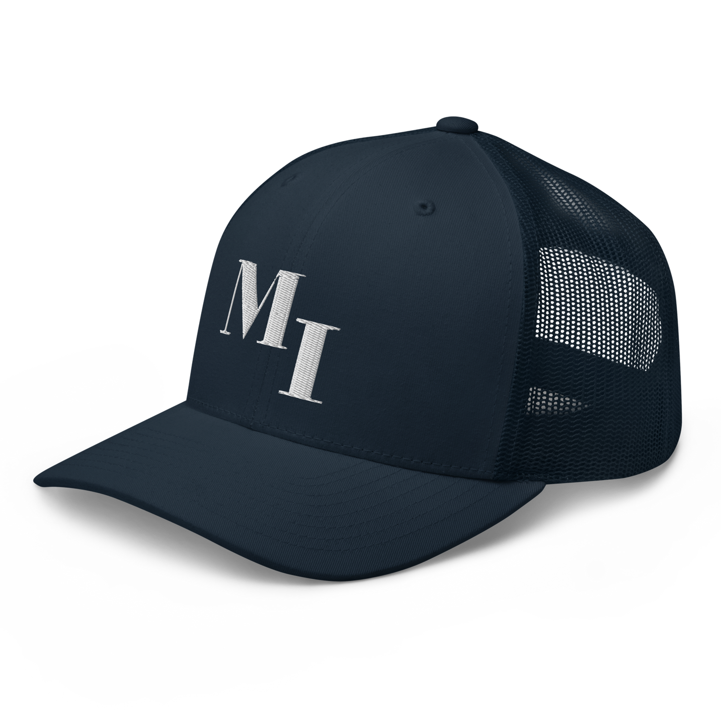 Michigan 'MI' Trucker Hat (Didone Logotype) | White/Navy Embroidery