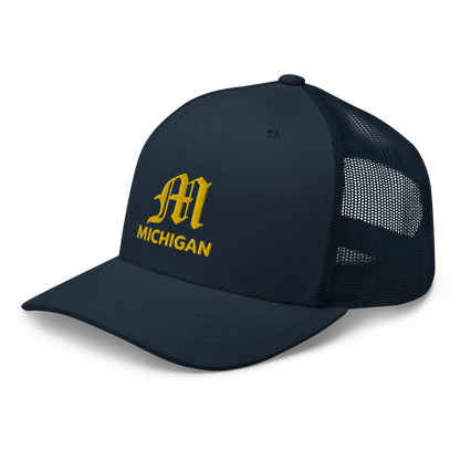 'Michigan' Trucker Hat (w/ 'Old English M') | Gold Embroidery