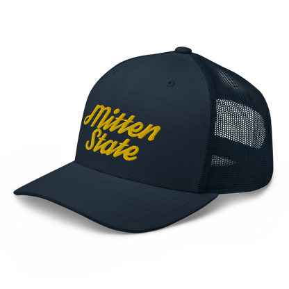 Michigan 'Mitten State' Trucker Hat (Script Font) | Gold Embroidery