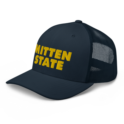 Michigan 'Mitten State' Trucker Hat (Geometric Sans Font) | Gold Embroidery