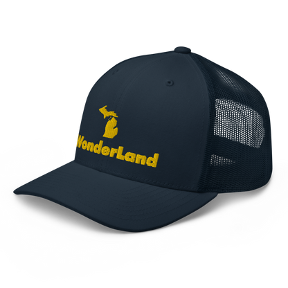 Michigan 'Wonderland' Trucker Hat (Geometric Sans Font) | Gold Embroidery