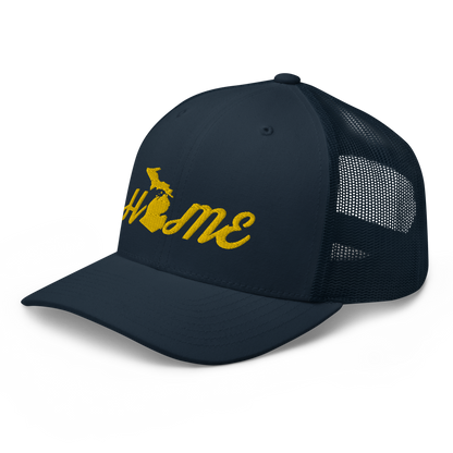 Michigan 'Home' Trucker Hat (Script Font) | Gold Embroidery