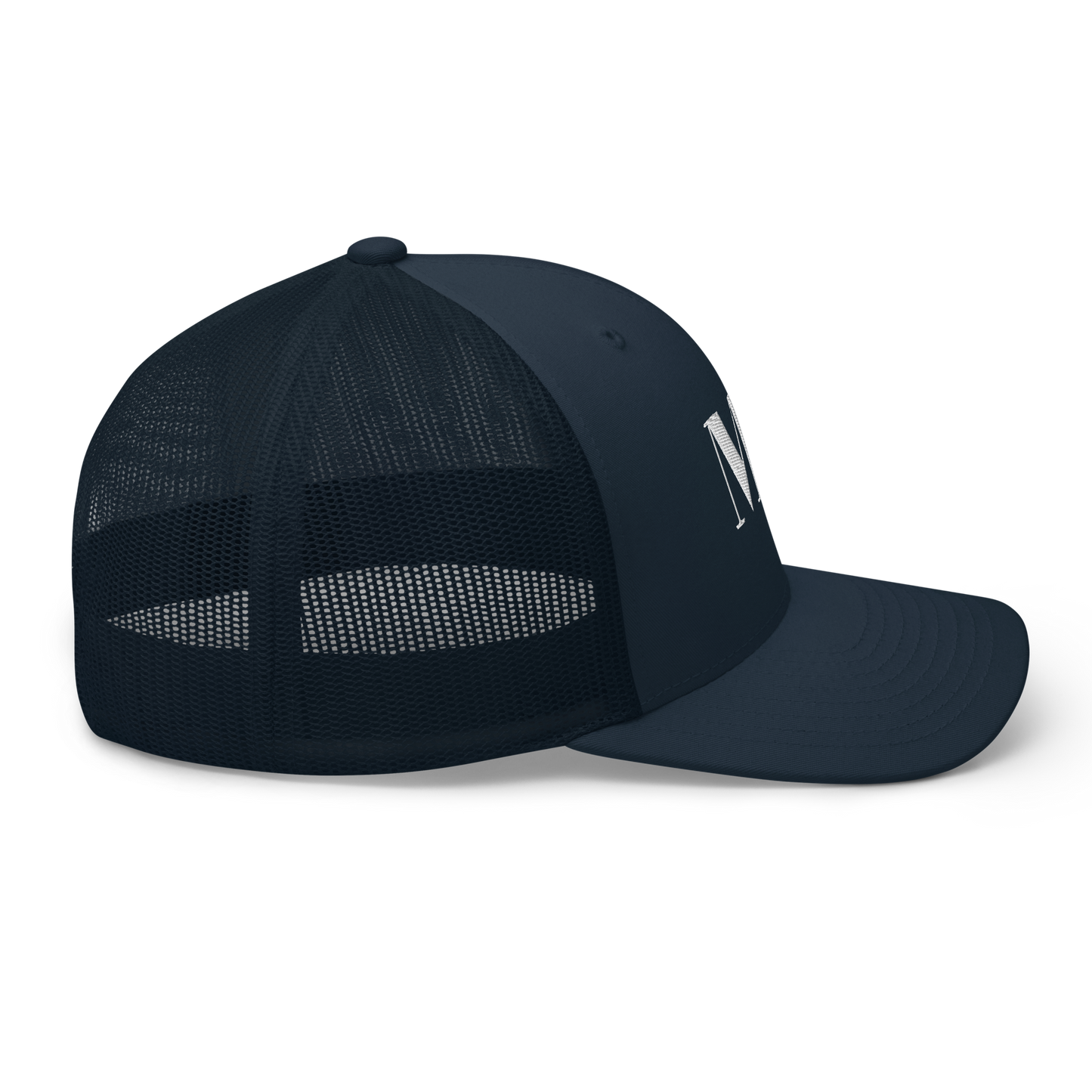 Michigan 'MI' Trucker Hat (Didone Logotype) | White/Navy Embroidery