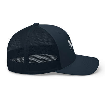 Michigan 'MI' Trucker Hat (Didone Logotype) | White/Navy Embroidery