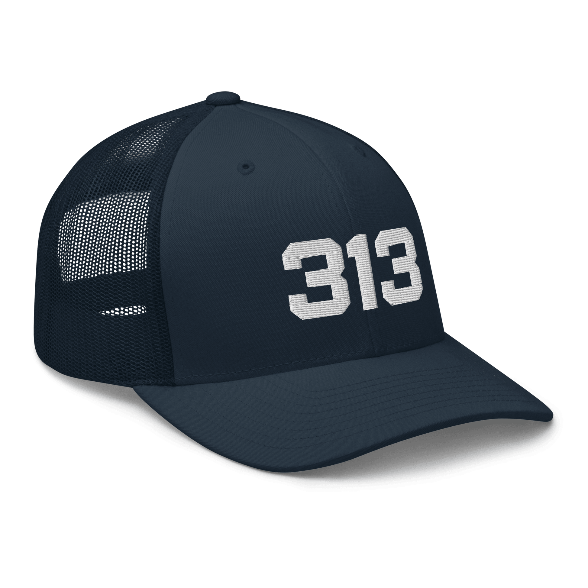 Detroit '313' Trucker Hat | White/Black Embroidery - Circumspice Michigan