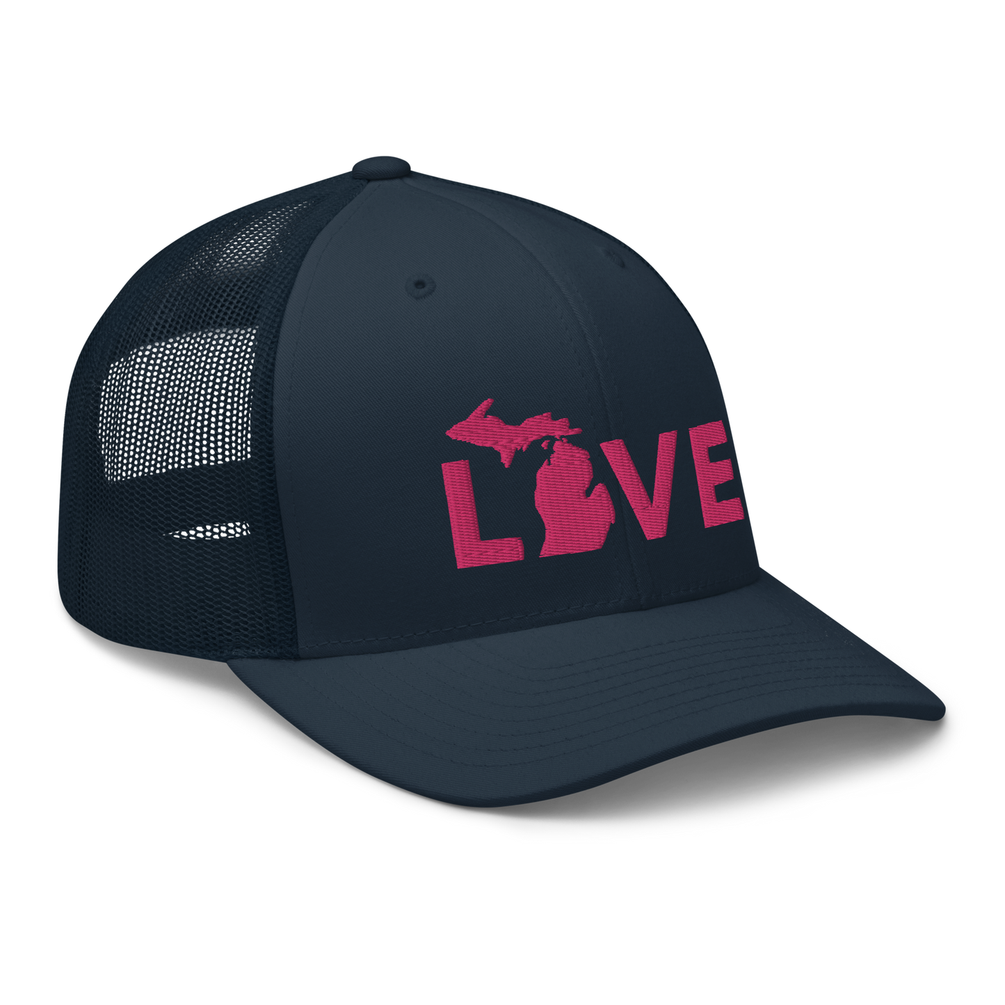 Michigan 'Love' Trucker Hat (Geometric Sans Font) | Pink Embrodiery