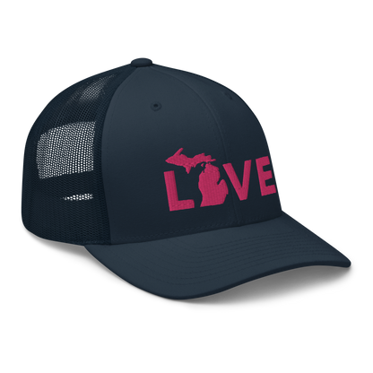 Michigan 'Love' Trucker Hat (Geometric Sans Font) | Pink Embrodiery