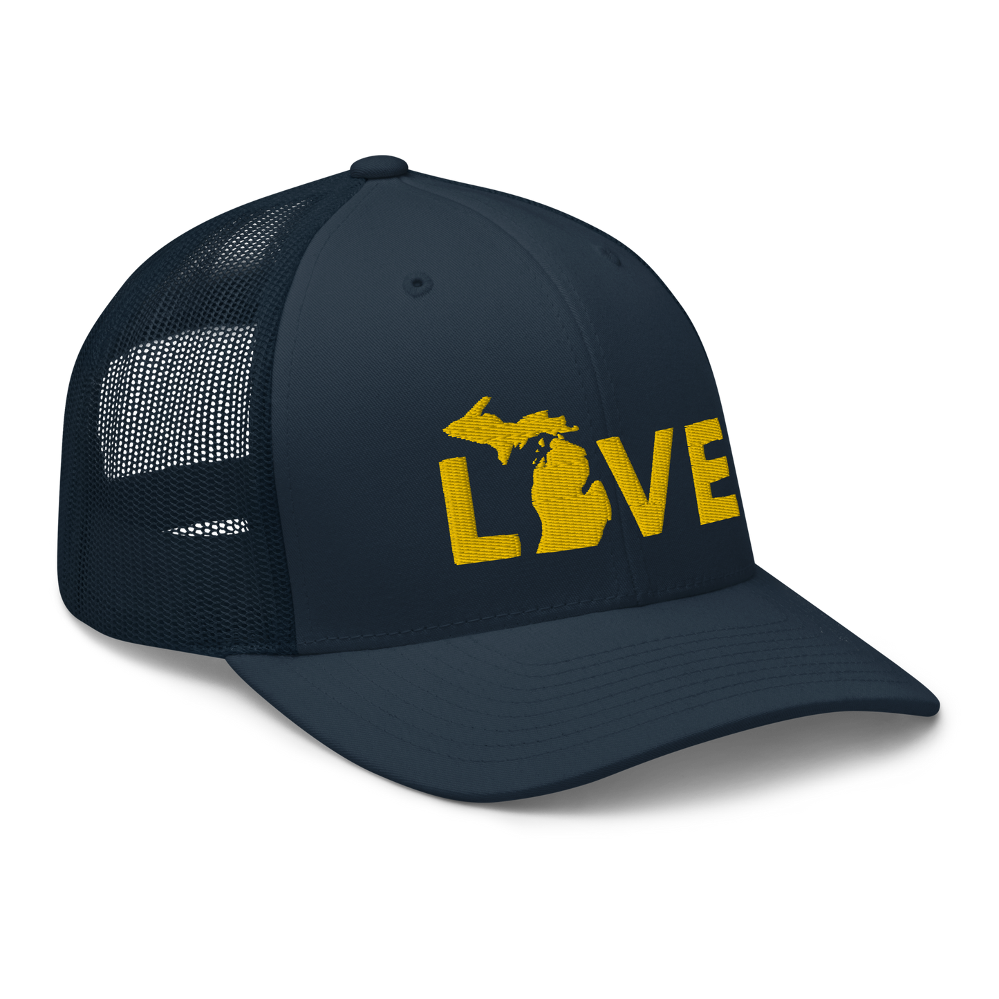 Michigan 'Love' Trucker Hat (Geometric Sans Font) | Gold Embroidery