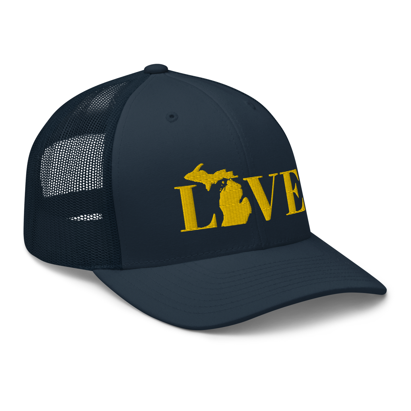 Michigan 'Love' Trucker Hat (Didone Font) | Gold Embroidery