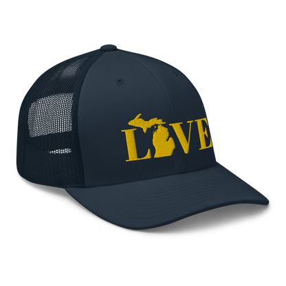 Michigan 'Love' Trucker Hat (Didone Font) | Gold Embroidery