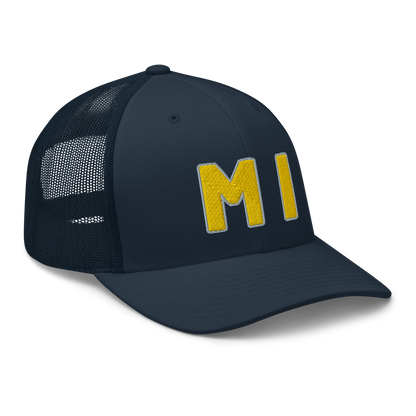 Michigan 'MI' Trucker Hat (1940s Baseball Font) | Gold Embroidery