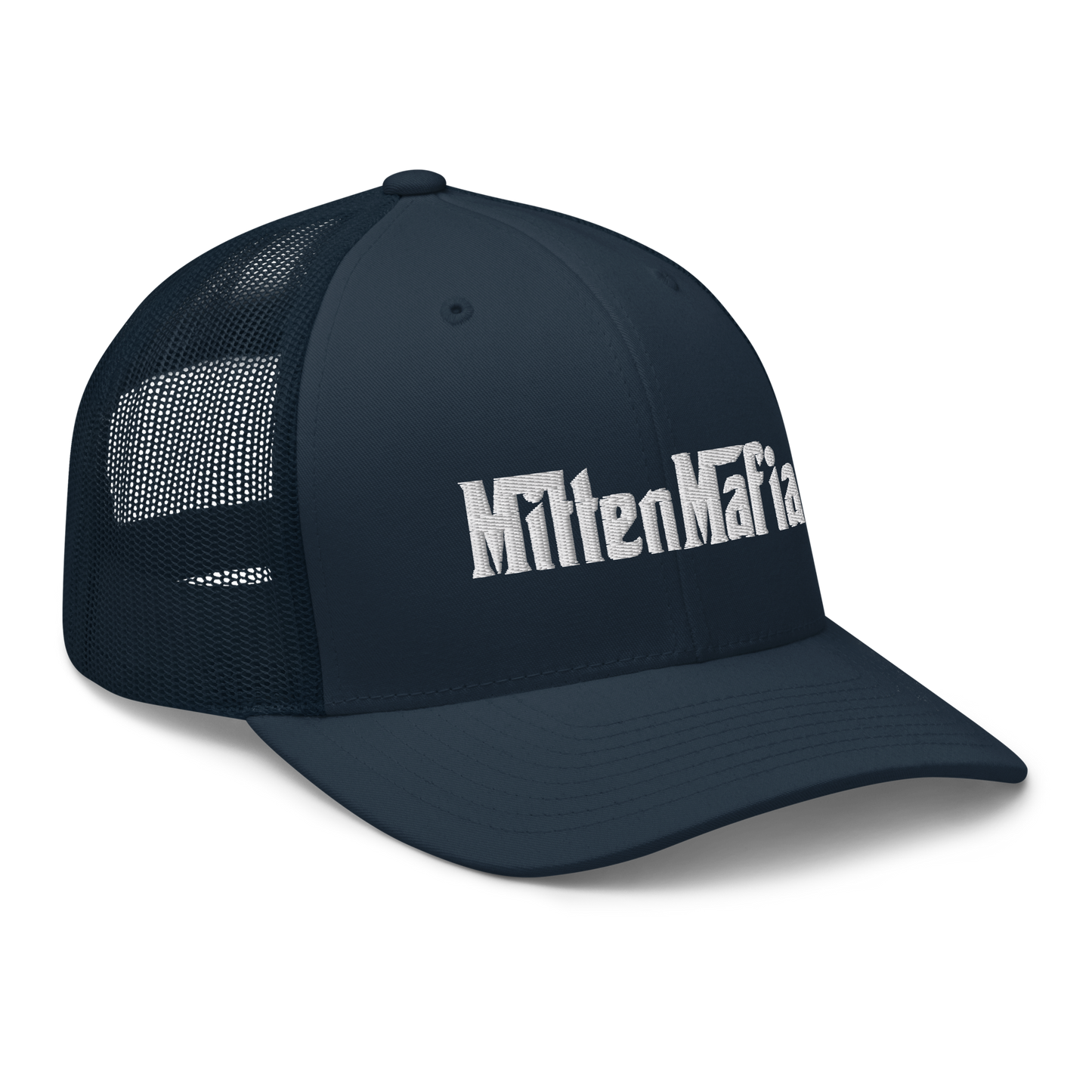 Michigan 'MittenMafia' Trucker Hat (Gangster Font) White/Black Embroidery