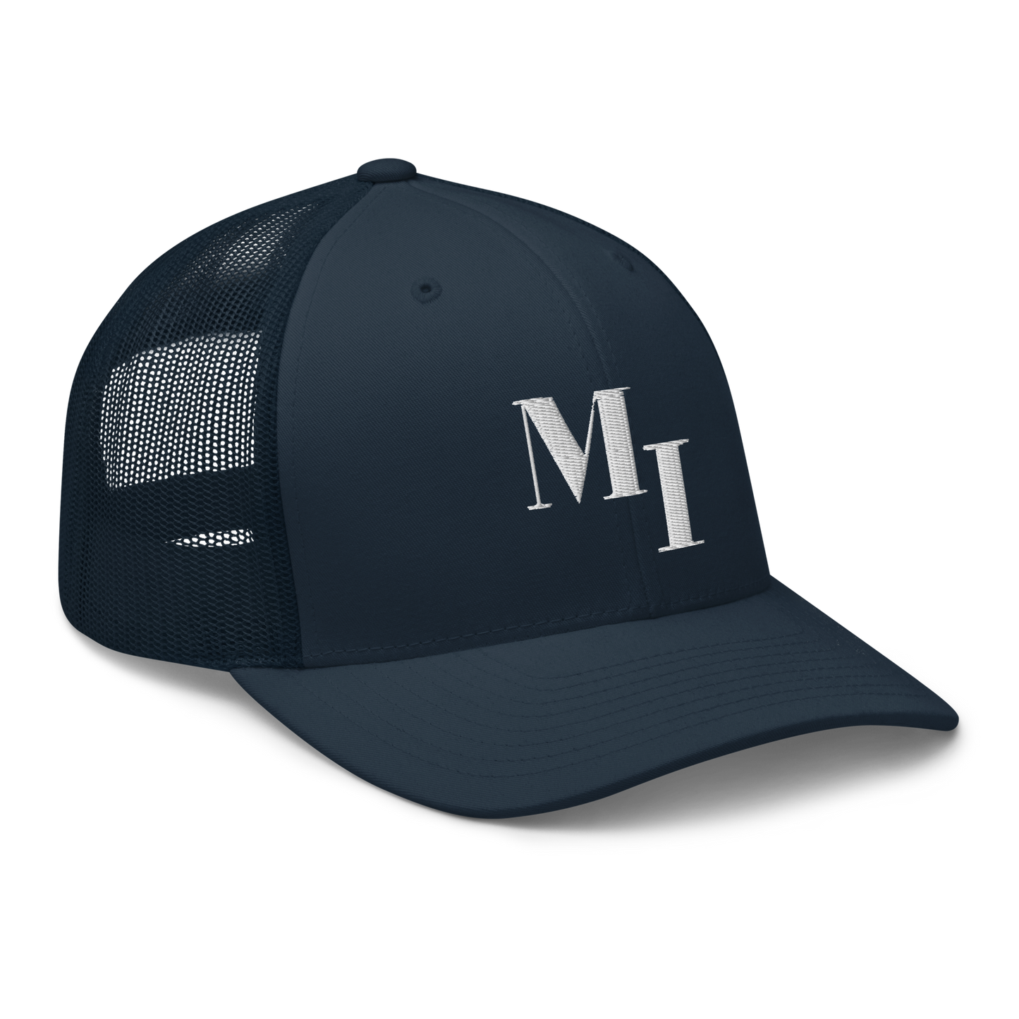 Michigan 'MI' Trucker Hat (Didone Logotype) | White/Navy Embroidery