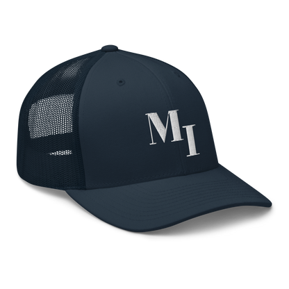 Michigan 'MI' Trucker Hat (Didone Logotype) | White/Navy Embroidery