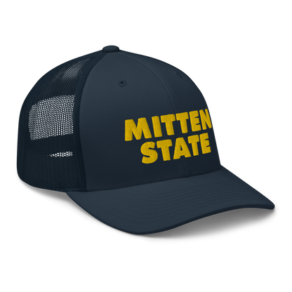 Michigan 'Mitten State' Trucker Hat (Geometric Sans Font) | Gold Embroidery