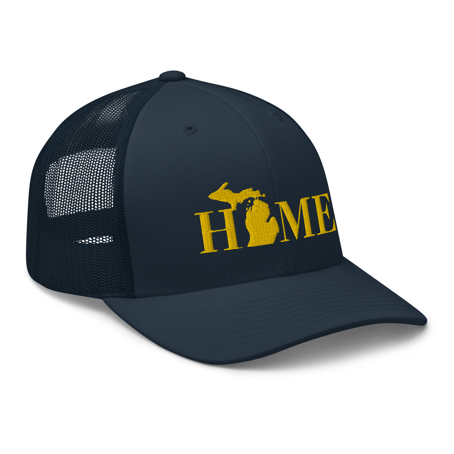 Michigan 'Home' Trucker Hat (Didone Font) | Gold Embroidery