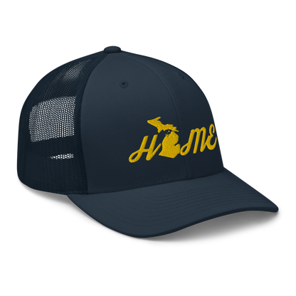 Michigan 'Home' Trucker Hat (Script Font) | Gold Embroidery