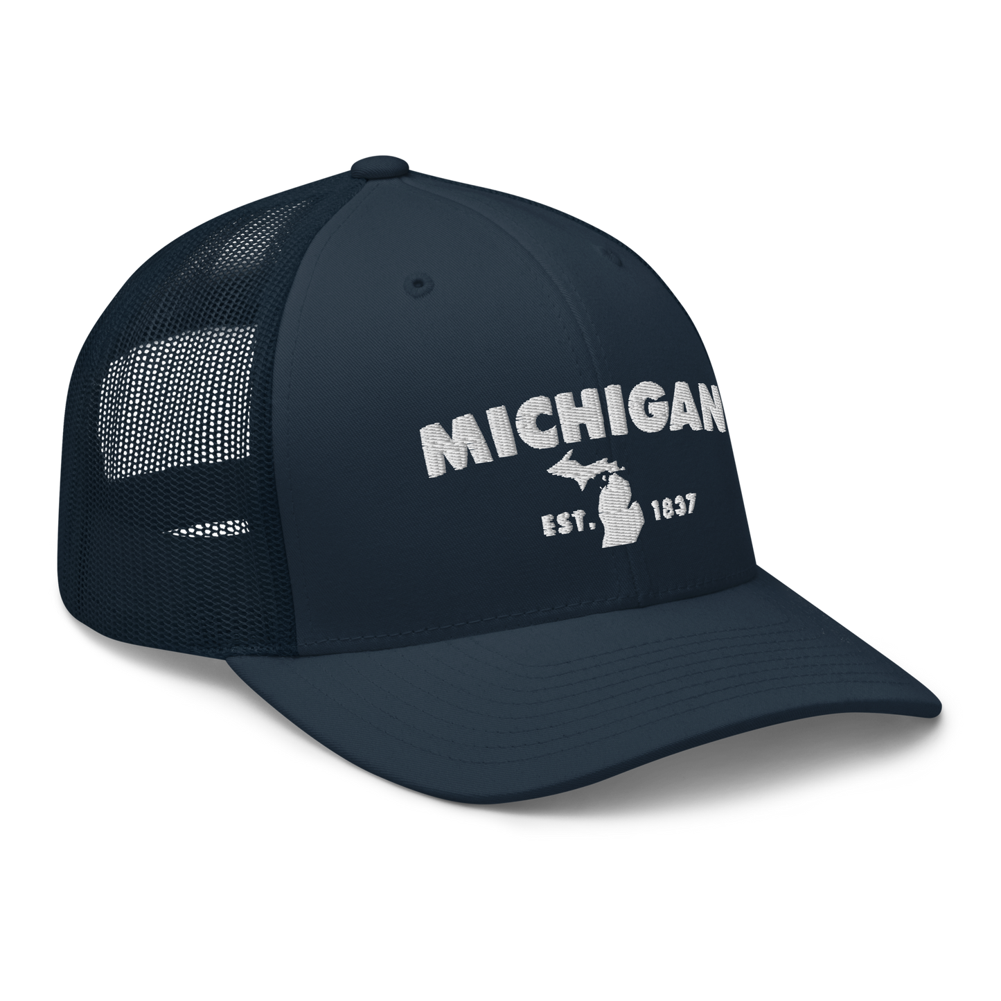 'Michigan EST 1837' Trucker Hat (Geometric Sans Font)