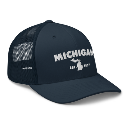 'Michigan EST 1837' Trucker Hat (Geometric Sans Font)