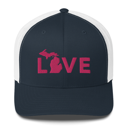 Michigan 'Love' Trucker Hat (Geometric Sans Font) | Pink Embrodiery