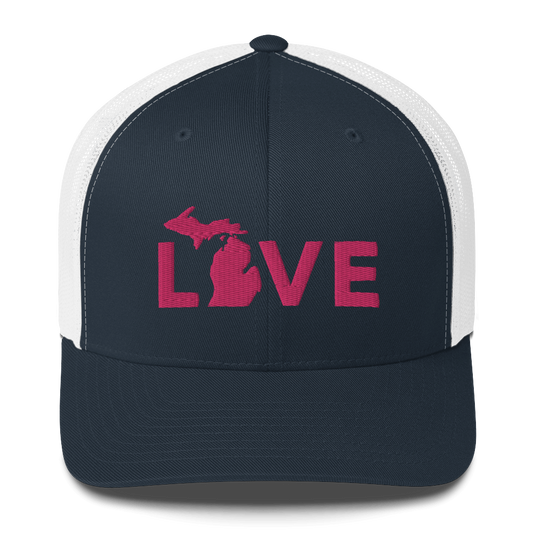 Michigan 'Love' Trucker Hat (Geometric Sans Font) | Pink Embrodiery