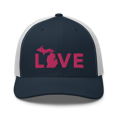 Michigan 'Love' Trucker Hat (Geometric Sans Font) | Pink Embrodiery