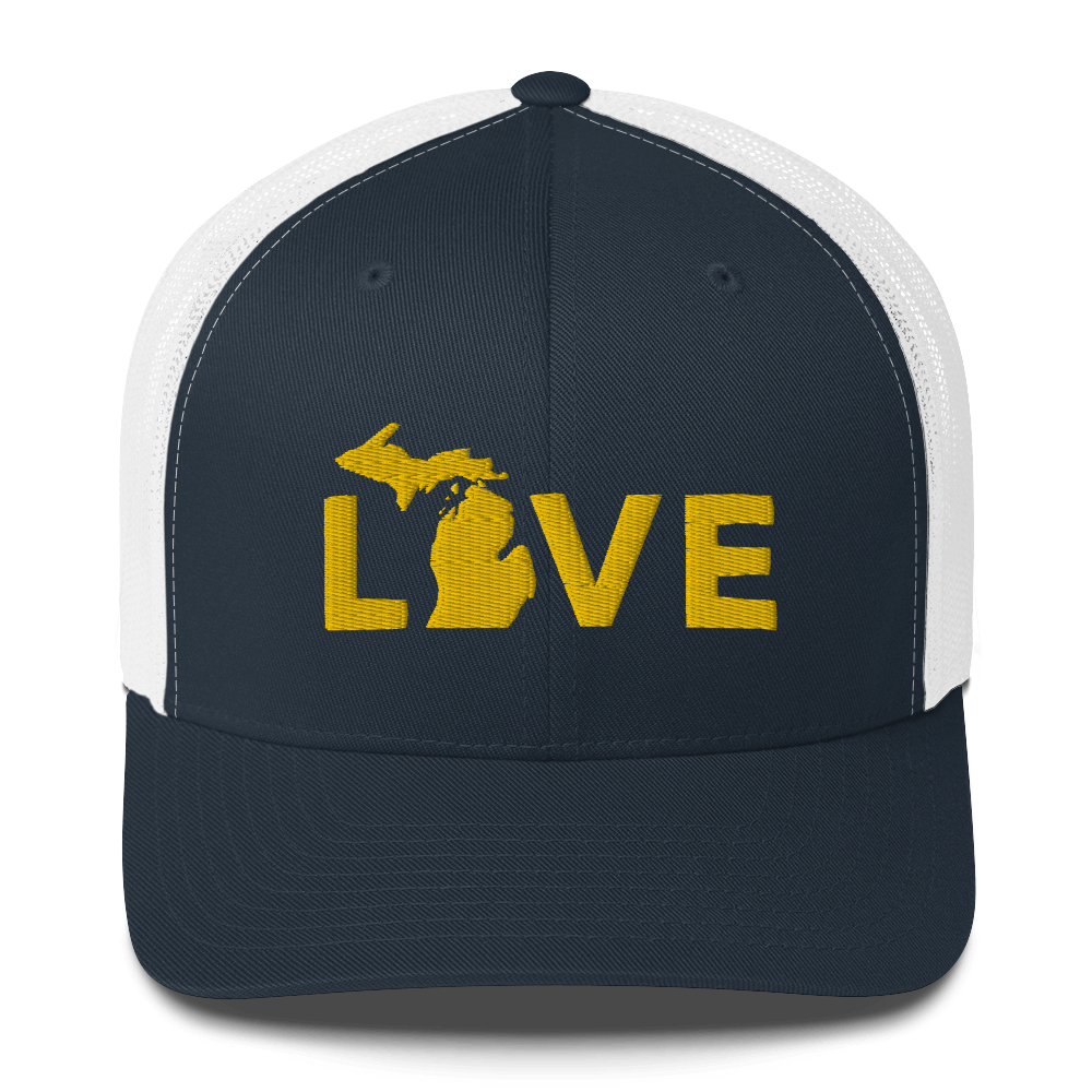 Michigan 'Love' Trucker Hat (Geometric Sans Font) | Gold Embroidery