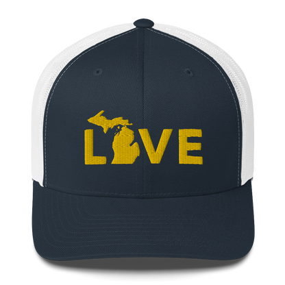 Michigan 'Love' Trucker Hat (Geometric Sans Font) | Gold Embroidery