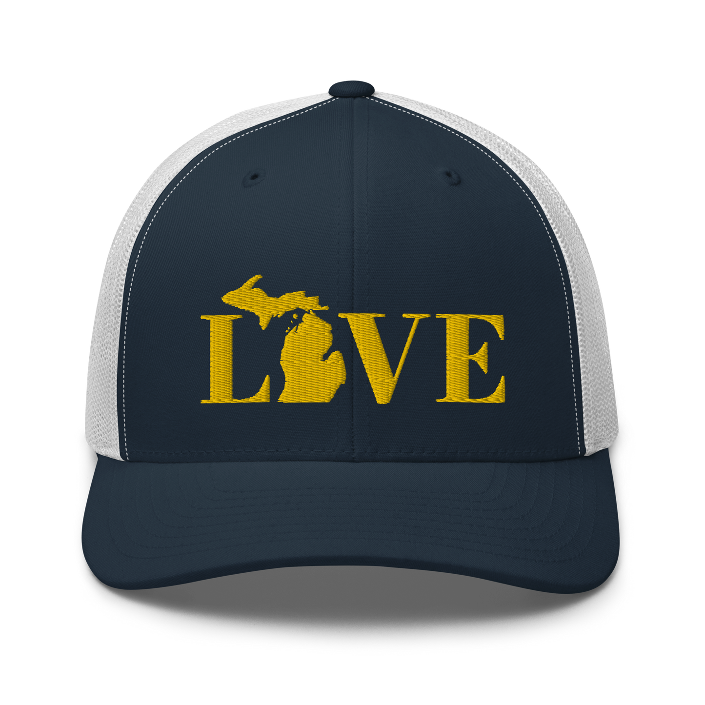 Michigan 'Love' Trucker Hat (Didone Font) | Gold Embroidery