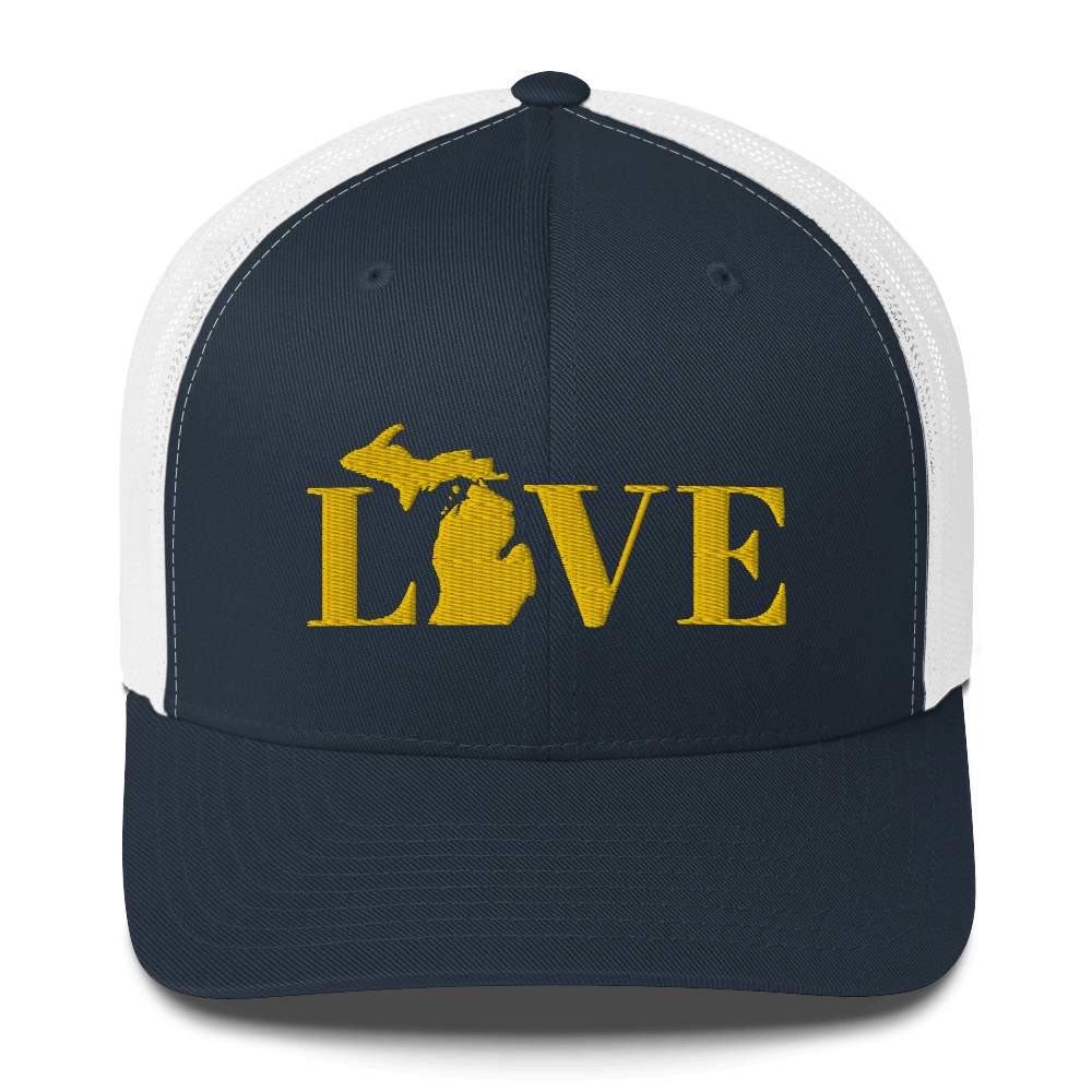 Michigan 'Love' Trucker Hat (Didone Font) | Gold Embroidery